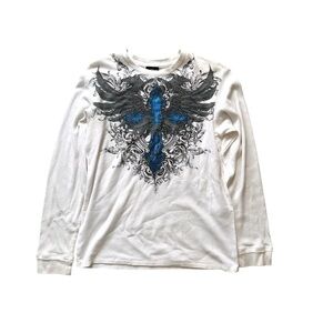 Y2K MMA Elite Top Heavy Grunge Skull Wings Skeleton Long Sleeve Thermal Tee L